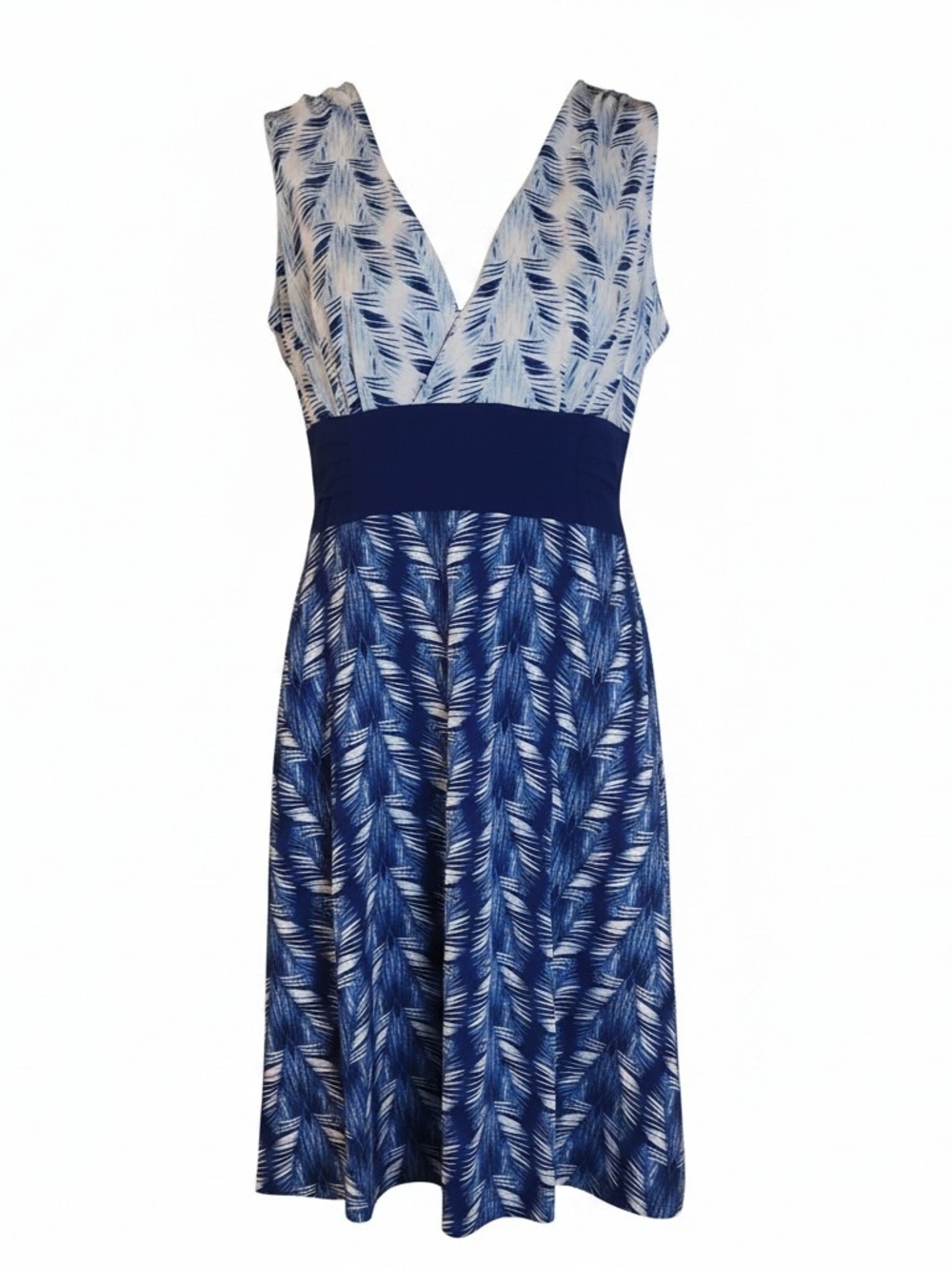 Patagonia Work Worn Margot Organic Cotton V-Neck Midi Dress Blue & White Leaves